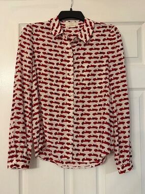 Kate Spade Race Car Printed Silk Button Down Shirt